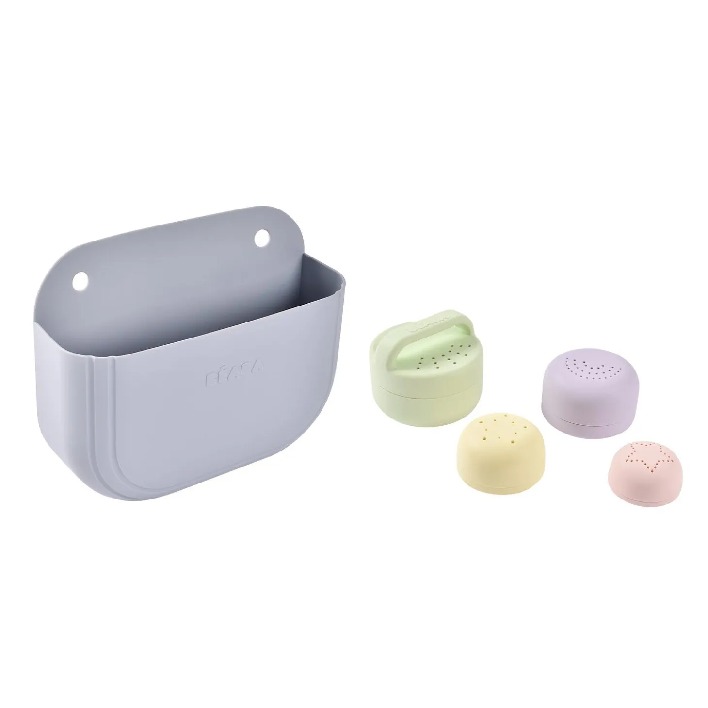Coffret de bain : panier et jouets de bain silicone Galet / Menthe au lait / Multi couleurs