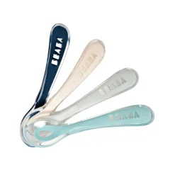 Lot 4 cuillères 2ème âge silicone Bleu/Rose/Gris