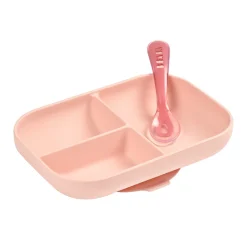 Set repas Silicone - Assiette compartimentée et cuillère 2ème âge Rose